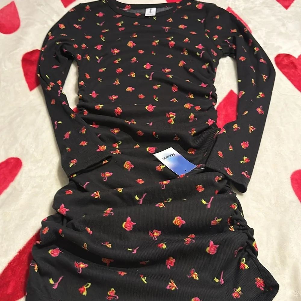 Abound Nordstrom black floral ribbed dress ruched sides NWT - Picture 8 of 10